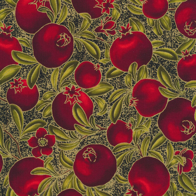Fabric features red pomegranates and branches with metallic accents on black | Shabby Fabrics