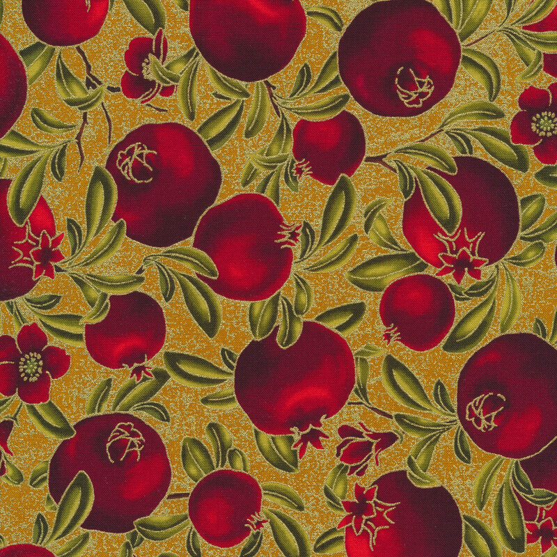 Fabric features red pomegranates and branches with metallic accents on yellow | Shabby Fabrics