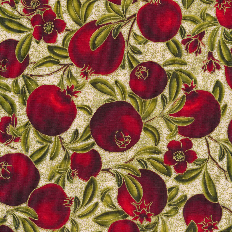 Fabric features red pomegranates and branches with metallic accents on cream | Shabby Fabrics