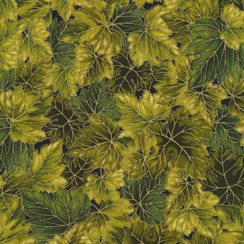 Fabric features green leaves with metallic accents on black | Shabby Fabrics
