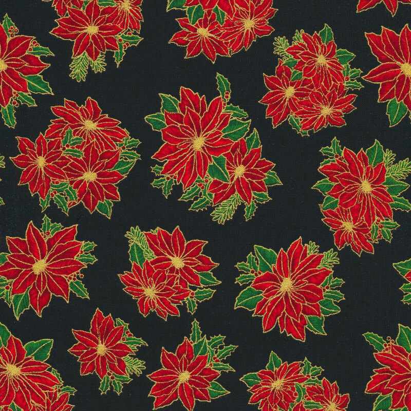 Fabric with red poinsettias tossed on a black background