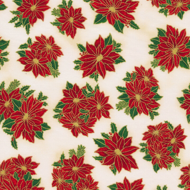 Fabric with red poinsettias tossed on an ivory background