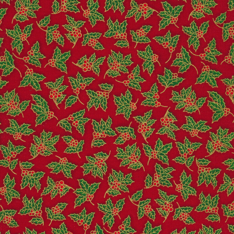 Red Christmas fabric with tossed holly leaves and gold metallic accents all over