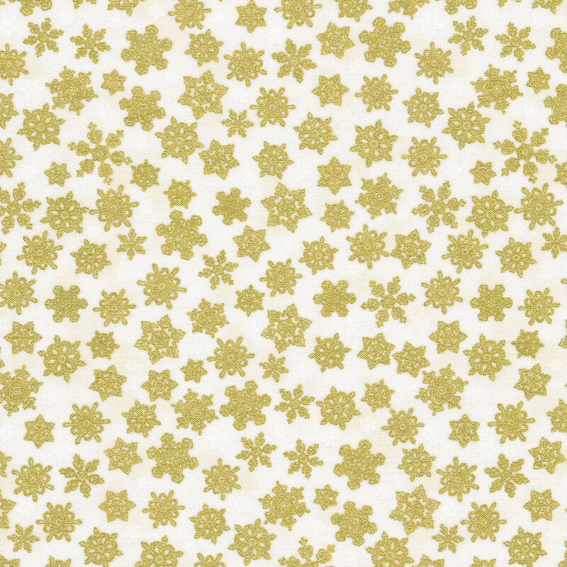 Ivory fabric with tossed gold metallic snowflakes all over