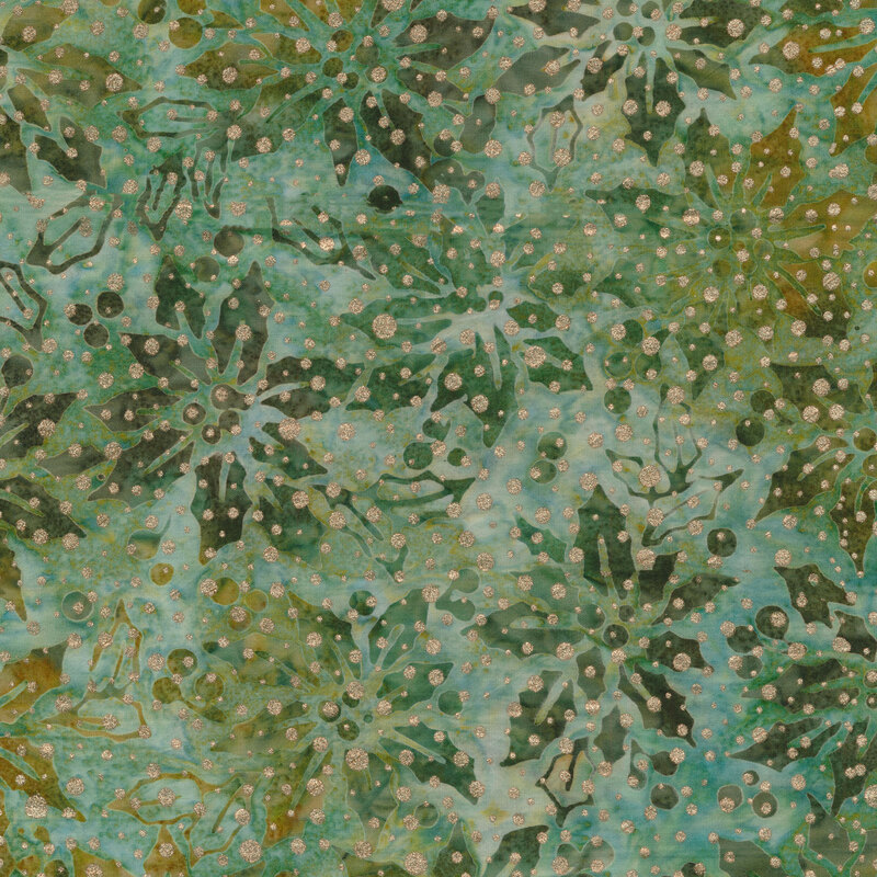 Dark holly leaves on a mottled green background with gold metallic accents