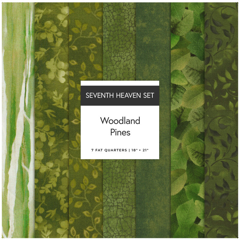 A collage of 7 green fabrics in the Woodland Pines seventh heaven set