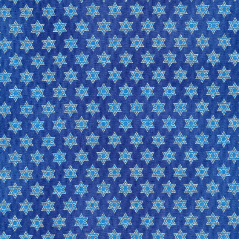 Light blue stars of David with silver accents all over blue | Shabby Fabrics