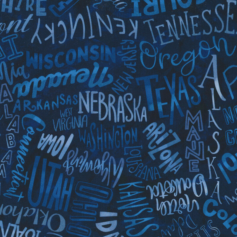 Tonal blue fabric with the names of each state all over