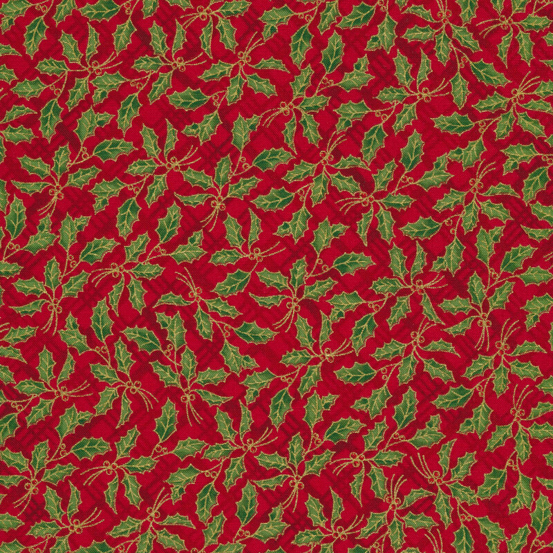 Metallic holly leaves on a red tonal plaid background