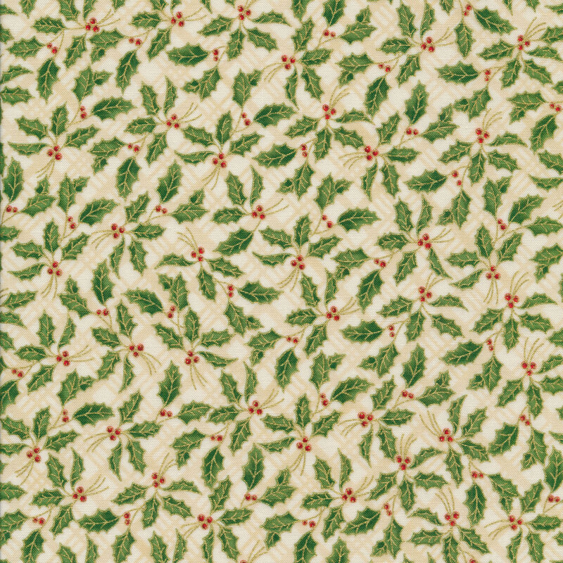 Metallic holly leaves on an ivory tonal plaid background