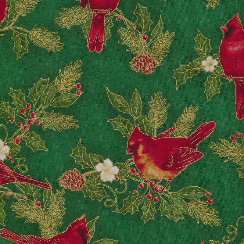 Cardinals and evergreen leaves on a green background