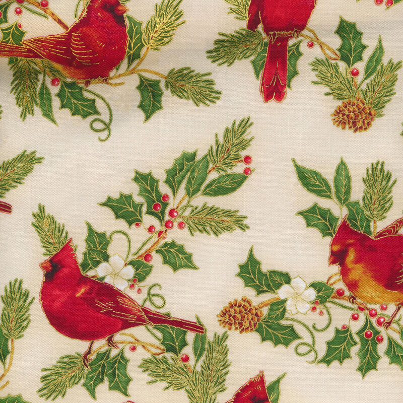 Cardinals and evergreen leaves on an ivory background