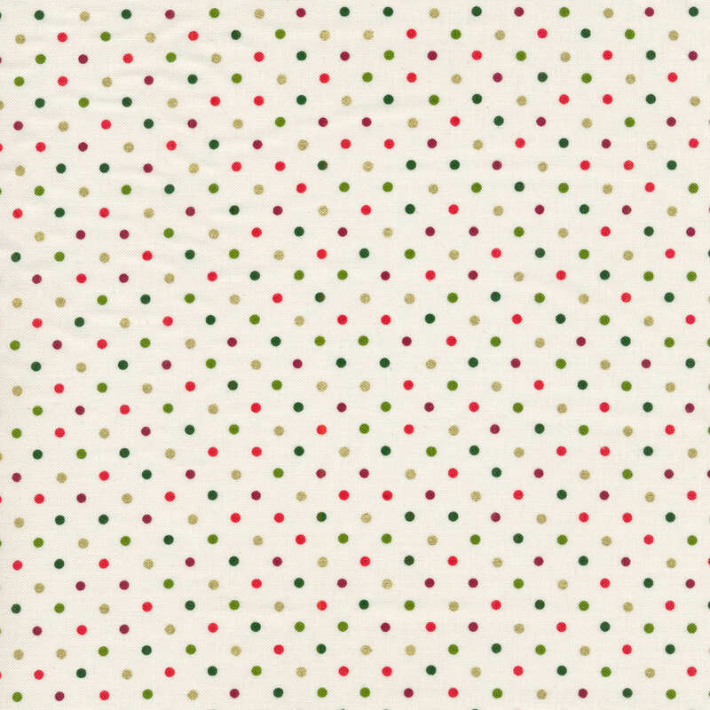 Red, green, and yellow polka dots on a white background