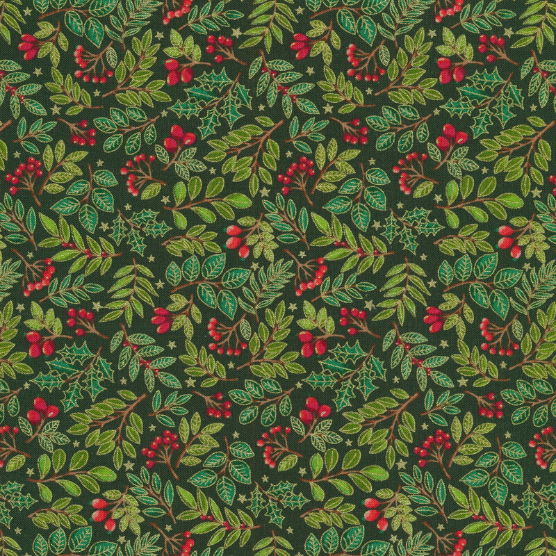 Tossed evergreen branches on a green background