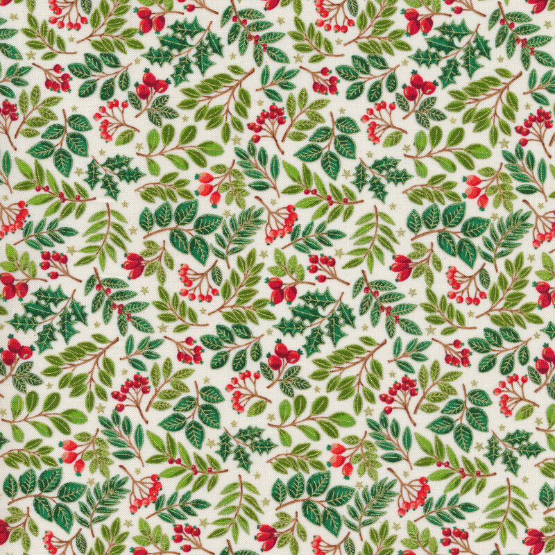 Tossed evergreen branches on a cream background