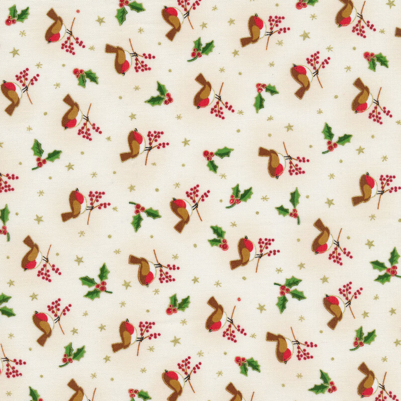 Tossed birds and holly leaves on a cream background