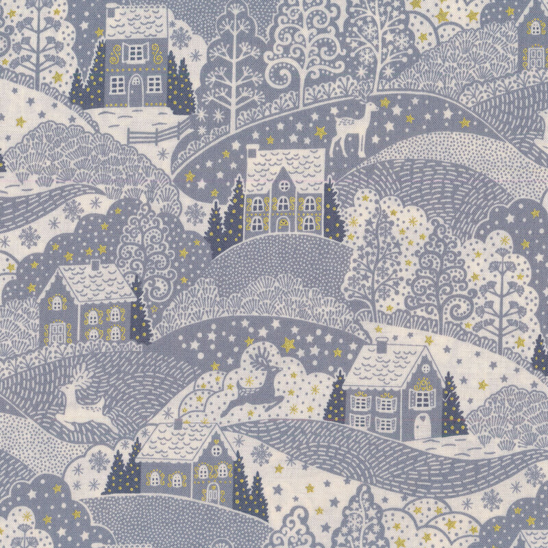 Gray cottages and reindeer in the hills