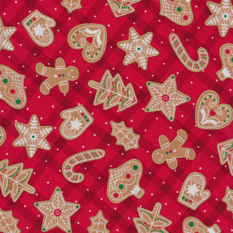 Red checkered print with gingerbread men and gingerbread ornaments all over