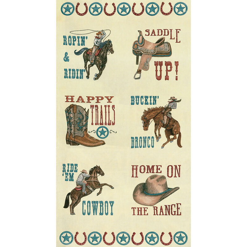 Cream fabric with words, horses, and western themed designs