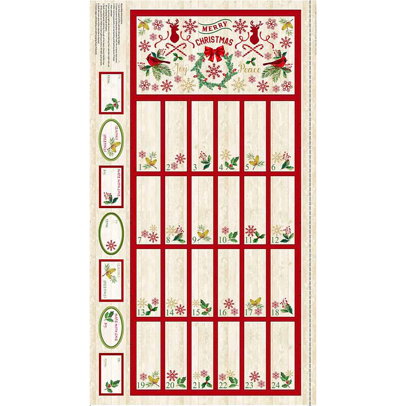 Cream wood textured fabric panel features advent calendar and gift tags | Shabby Fabrics