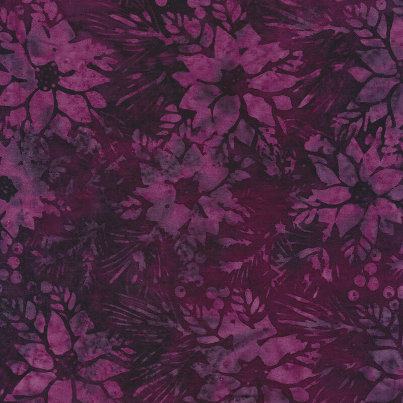Tonal purple batik fabric with light purple poinsettias on a dark purple mottled background