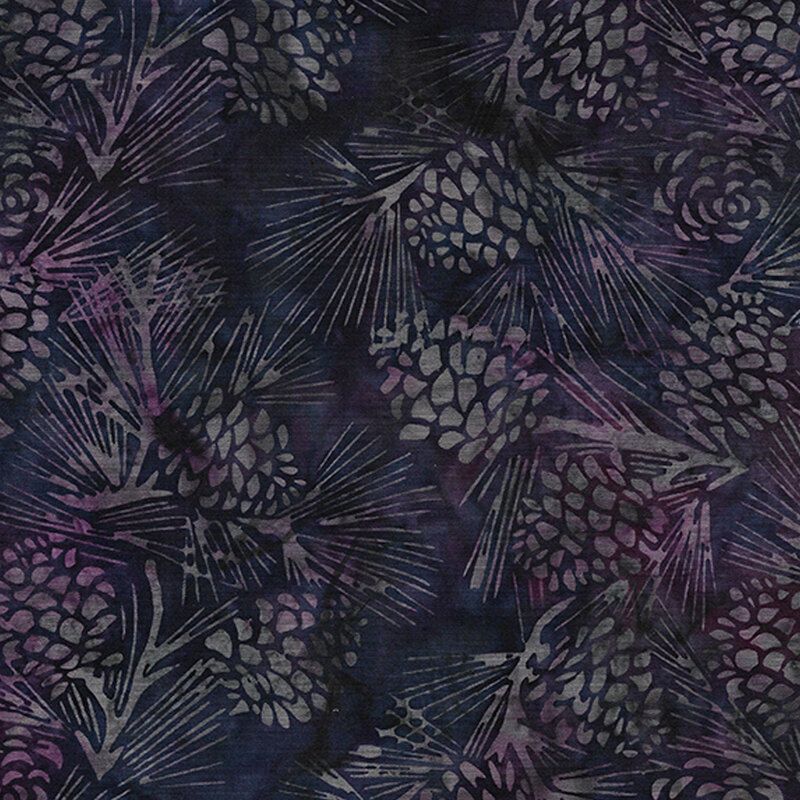 Gray pinecones and evergreen boughs on a mottled background