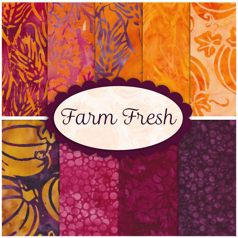 A collage of fabrics from the Farm Fresh batik collection