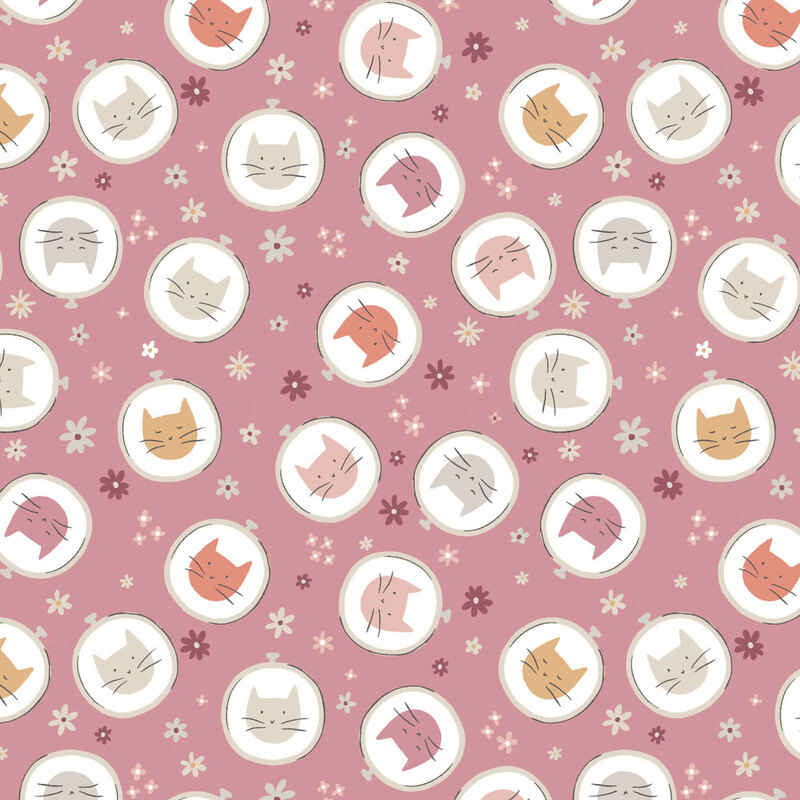 Circles with adorable cat faces on a lilac background