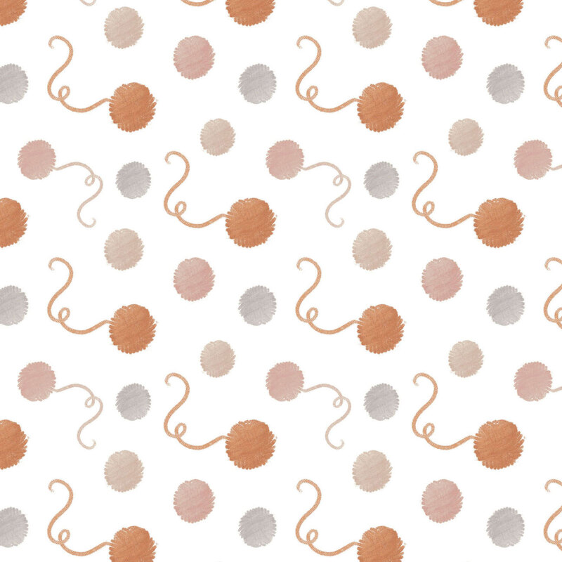 Light purple and blue polka dots surrounded by brown balls of yarn on a white background