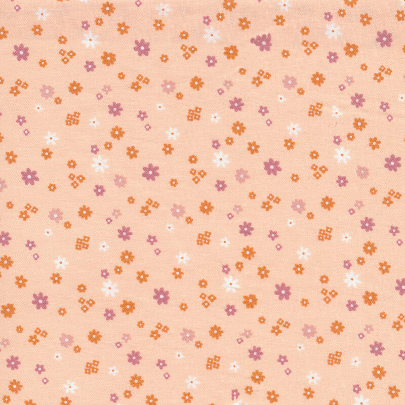 Small orange, purple, and white flowers on a light pink background