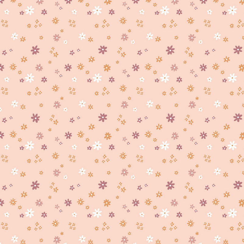 Small pink, purple, and white flowers on a light pink background