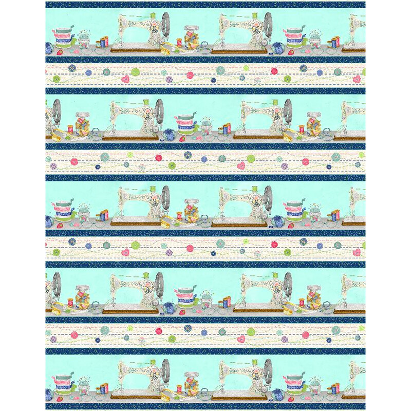 Border stripe with cream and teal stripes with crafting supplies and sewing machines