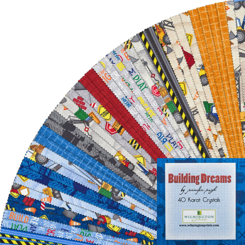 A collage of children's fabrics included in the Building Dreams fabric collection