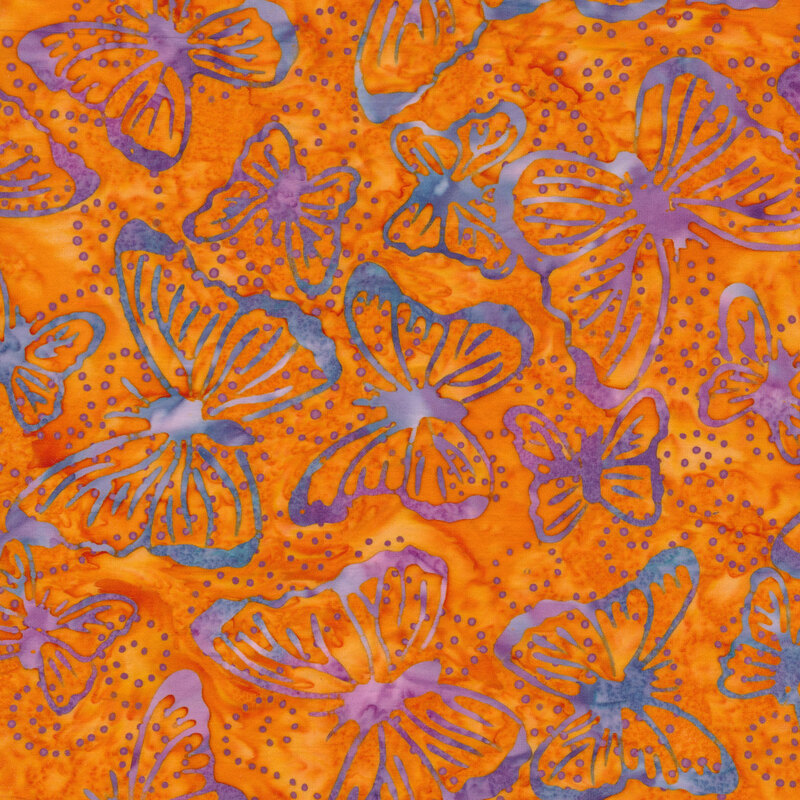 Mottled purple and blue butterfly outlines on a mottled orange background