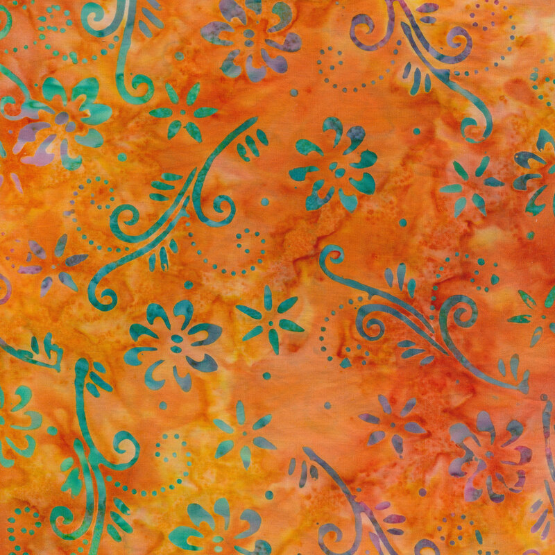 Flowers and swirls on a mottled orange background