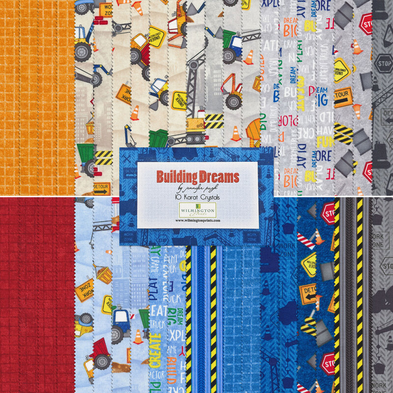 A collage of construction themed fabrics from the Building Dreams Layer Cake