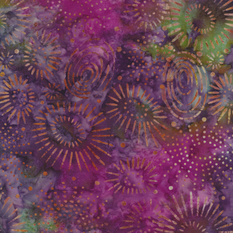 Dot and line designs on a mottled purple, pink, and green background