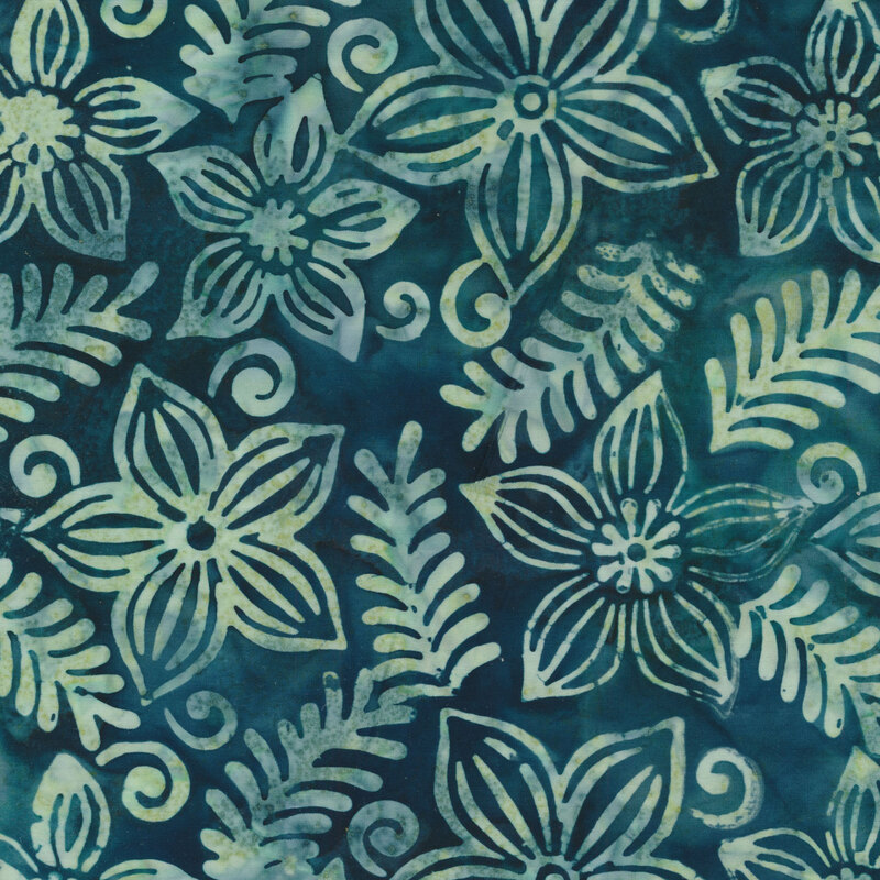 Mottled green flowers on a mottled blue background