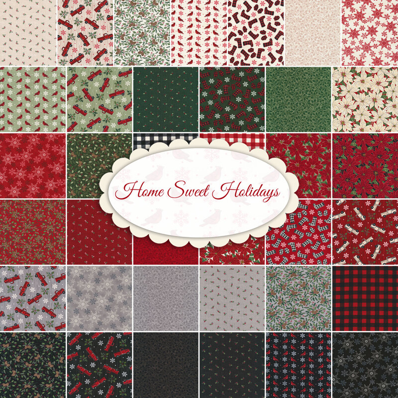 A collage of the fabrics included in the Home Sweet Holidays fabric collection