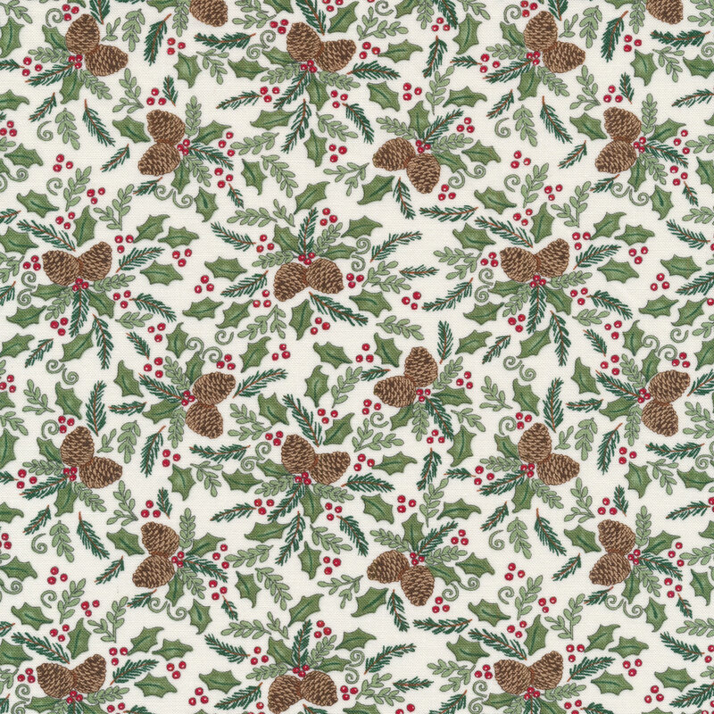 Tossed pine cones and holly berries on a white background