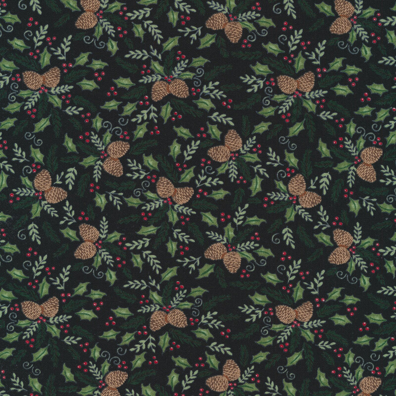 Tossed pine cones and holly berries on a black background