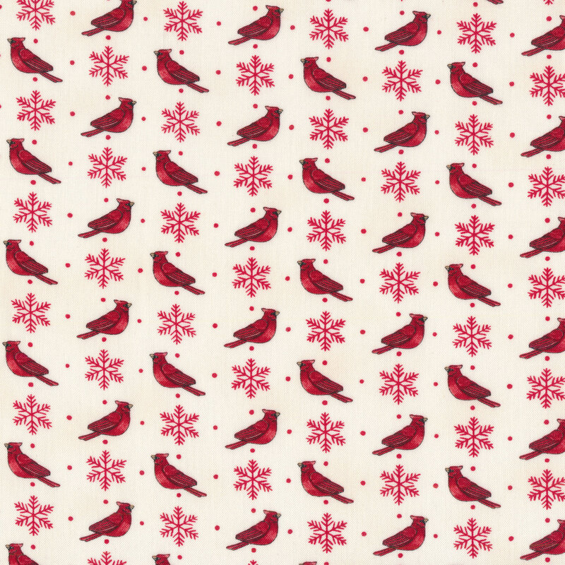 Red cardinals and snowflakes all over a white background