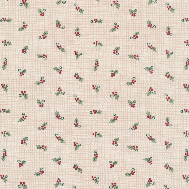 Tossed holly berries on a cream burlap texture background