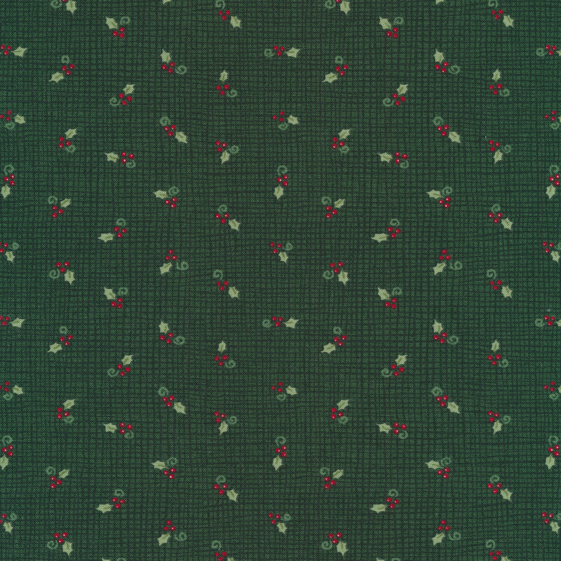 Tossed holly berries on a green burlap texture background