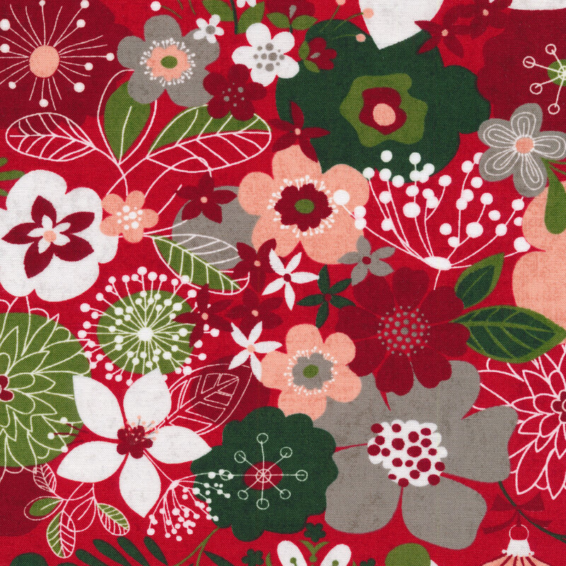 Red and green illustrated flowers on a red background