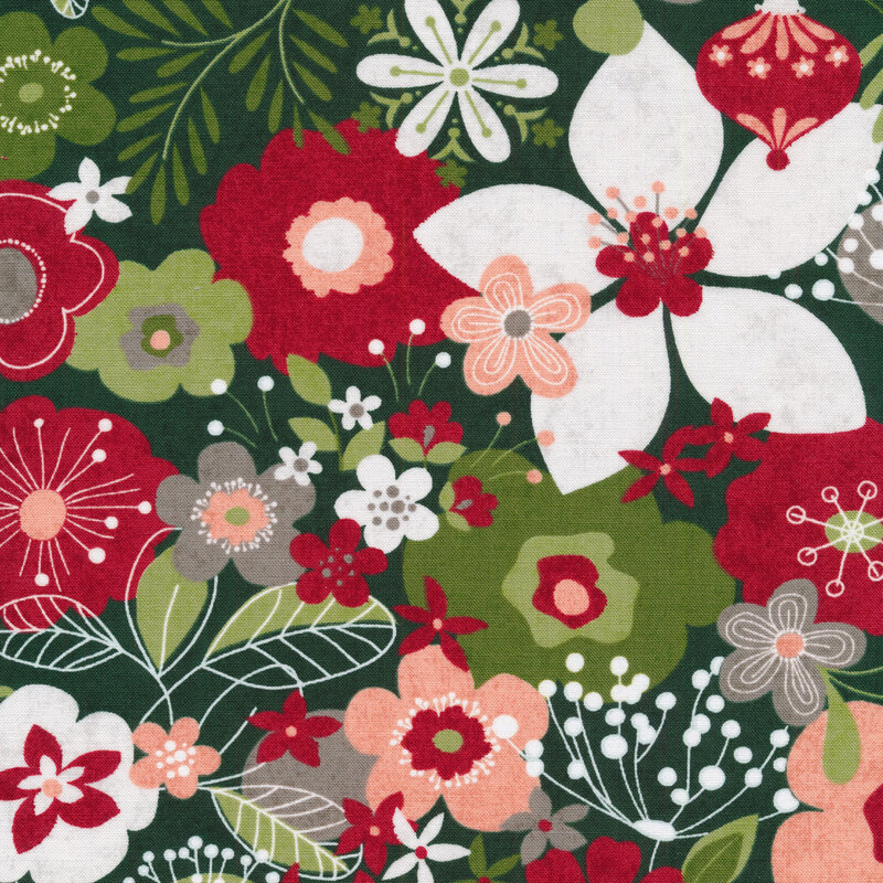 Red and green illustrated flowers on a green background