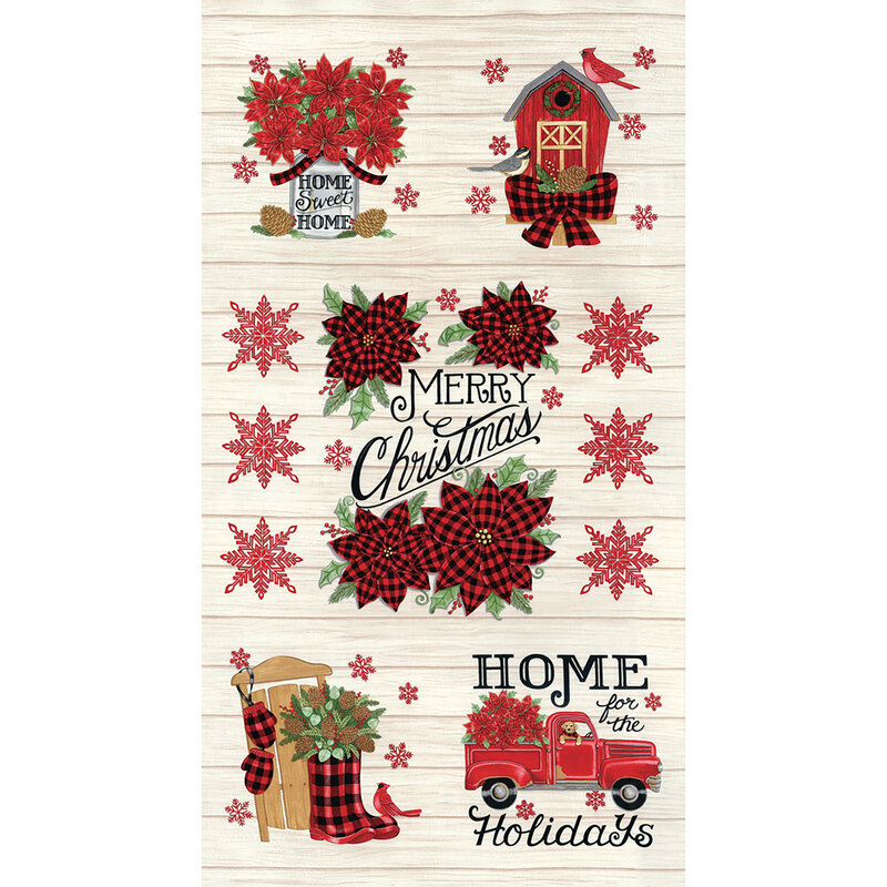 Tan wood grain texture panel with vintage trucks, cardinals, snowflakes, and more