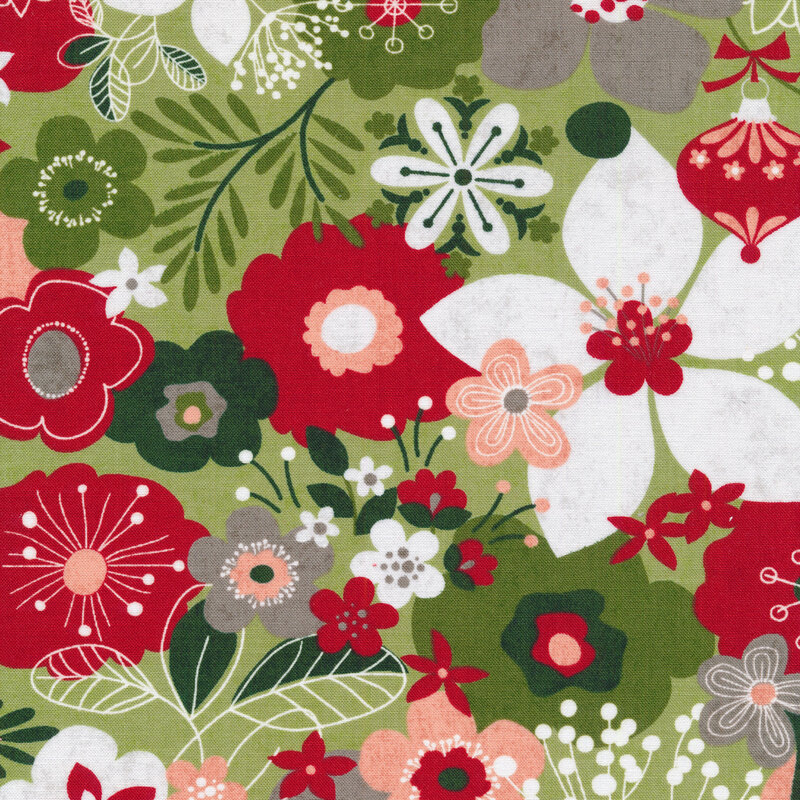Red and green illustrated flowers on a light green background