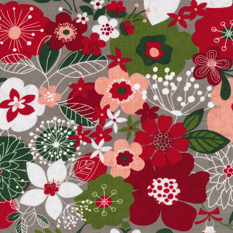 Red and green illustrated flowers on a gray background