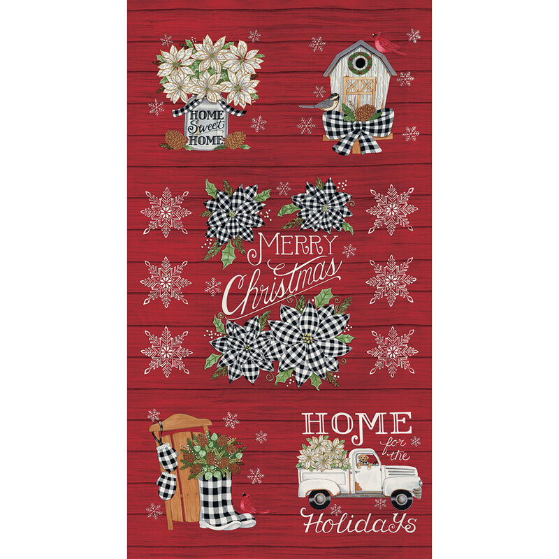 Red wood grain texture panel with vintage trucks, cardinals, snowflakes, and more